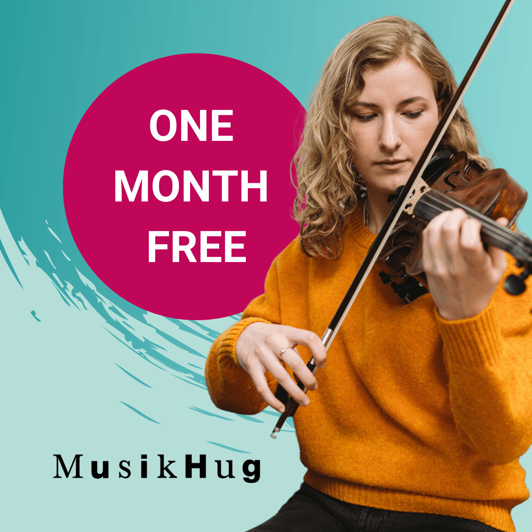 Woman playing violin, text background with monthly discount period.