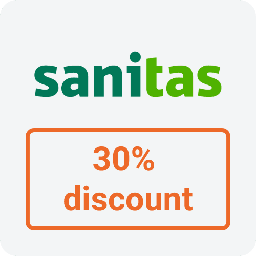 logo of the company Sanitas with the signature 30% discount